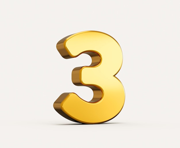 3d illustration of golden number 3 or three isolated on beige background with shadow