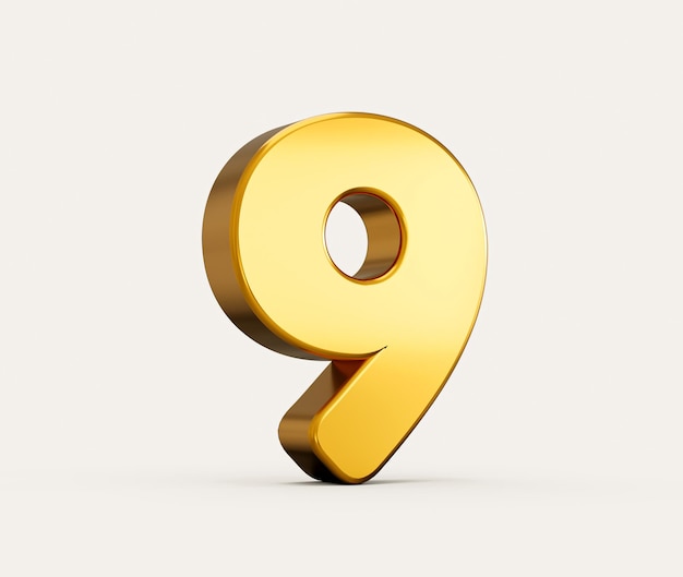 3d illustration of golden number 9 or nine isolated on beige background with shadow