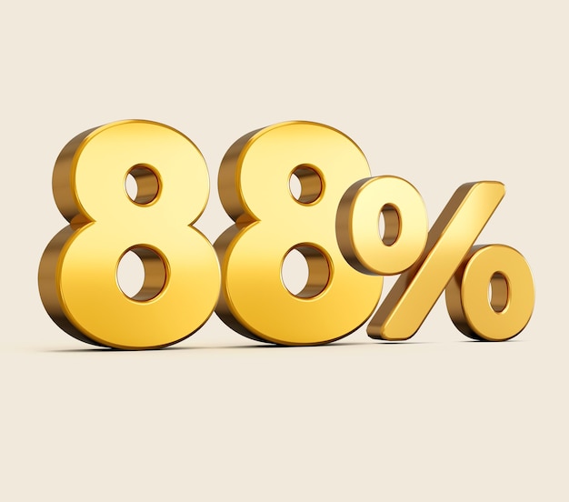 3d illustration of golden number eighty eight percent or 88 isolated on beige background with shadow