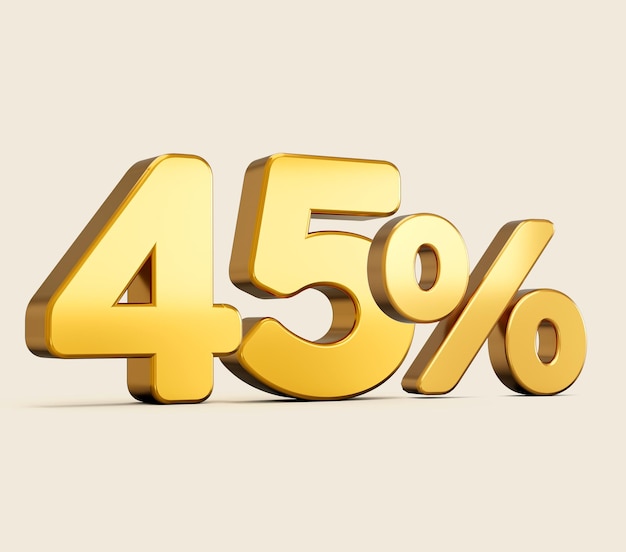 3d illustration of golden number forty five percent or 45 isolated on beige background with shadow