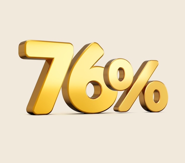 3d illustration of golden number seventy six percent or 76 isolated on beige background with shadow