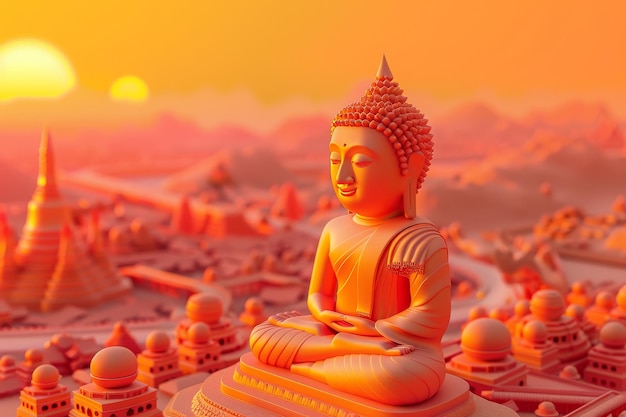 3d illustration of golden statue of Buddha sitting surrounded by temple bokeh style background