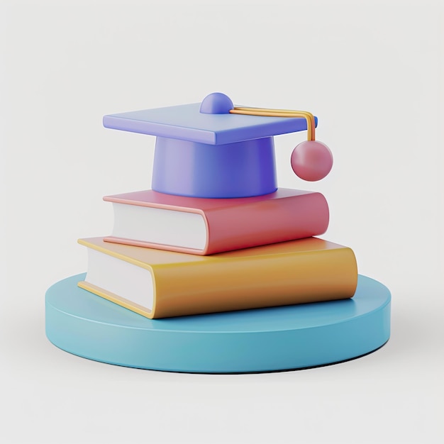 3D illustration of graduation cap on a stack of books