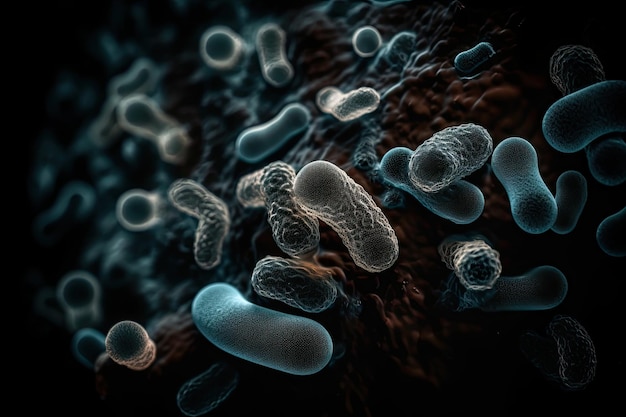 3D illustration of Gramnegative rodshaped bacteria Gramnegative rodshaped bacteria with a single polar flagellum Microorganism cells close up view on a dark background AI Generated