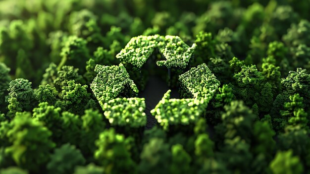 3D illustration of a green forest inside the recycling symbol