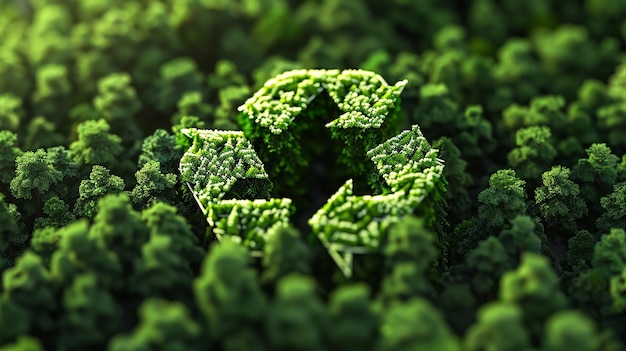 3D illustration of a green forest inside the recycling symbol