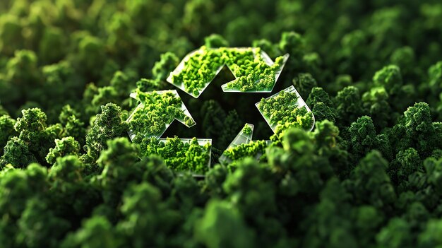 3D illustration of a green forest inside the recycling symbol