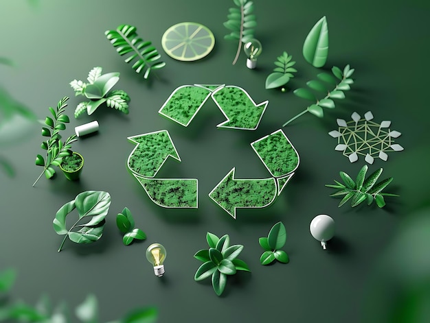 3D Illustration of a Green Recycle Symbol Surrounded by Leaves and Light Bulbs