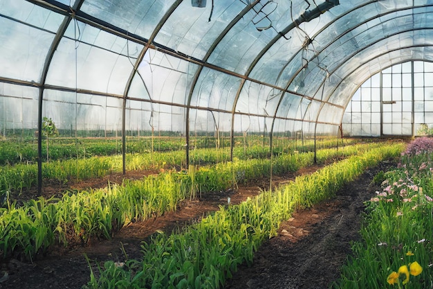 3d illustration greenhouse with glass walls and roof flowering beds