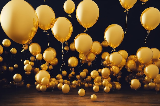 3d illustration group of gold balloons isolated on black background