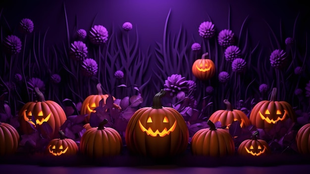 3d illustration of halloween background with pumpkins and flowers on purple background3d render