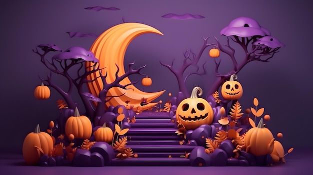 3d illustration of halloween background with pumpkins and flowers on purple background3d render