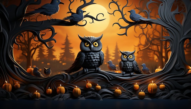 3D illustration of Halloween theme with group of Jack O Lantern pumpkin and paper graphic style