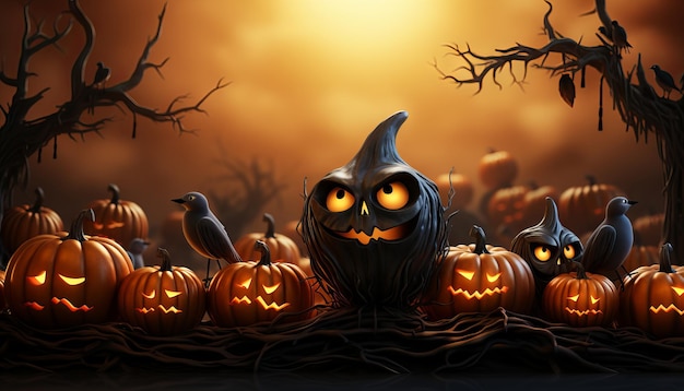 3D illustration of Halloween theme with group of Jack O Lantern pumpkin and paper graphic style