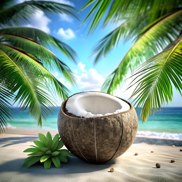 Photo a 3d illustration of a halved coconut resting on a tropical beach with palm trees and ocean in the background