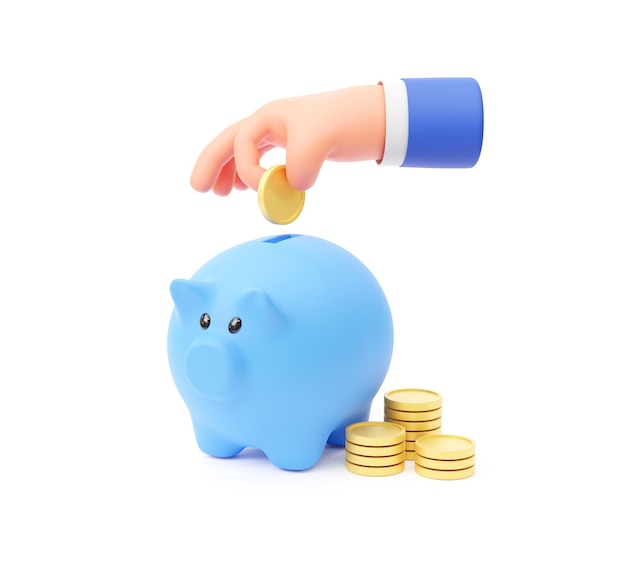 3D illustration, Hand putting coin to piggy bank