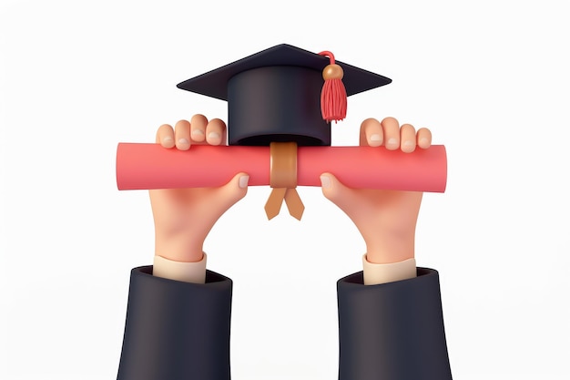 Photo 3d illustration hands with graduation cap diploma