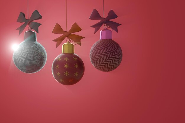 Photo 3d illustration. hanging christmas balls isolated on a red background . copy space for logo and text