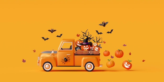 3d illustration of Happy Halloween banner with Jack O Lantern pumpkins and Halloween truck