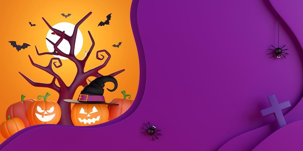 3d illustration of Happy Halloween banner with Jack O Lantern pumpkins