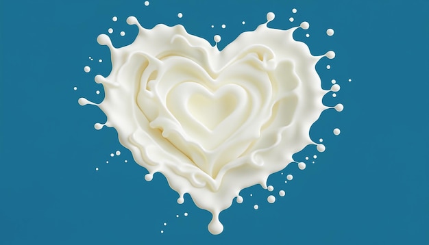 3d illustration of heart shape milk splash on blue background with clipping path