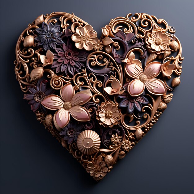 3d illustration of a heart with flowers on a dark background