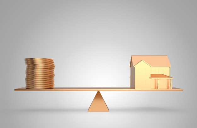 3d illustration of home loan or home saving concept. coin and house balance idea.