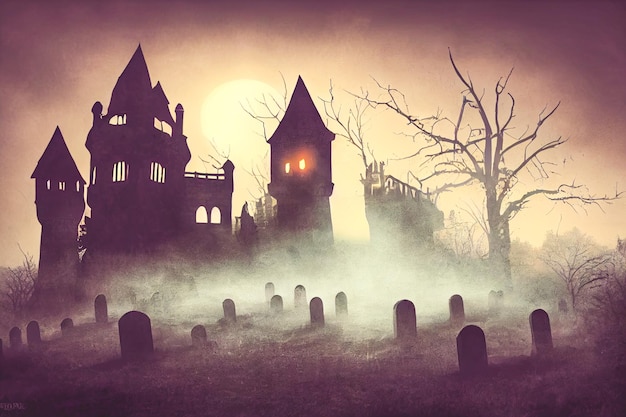 3D illustration Horror Castle Background With Graveyard In Halloween Night