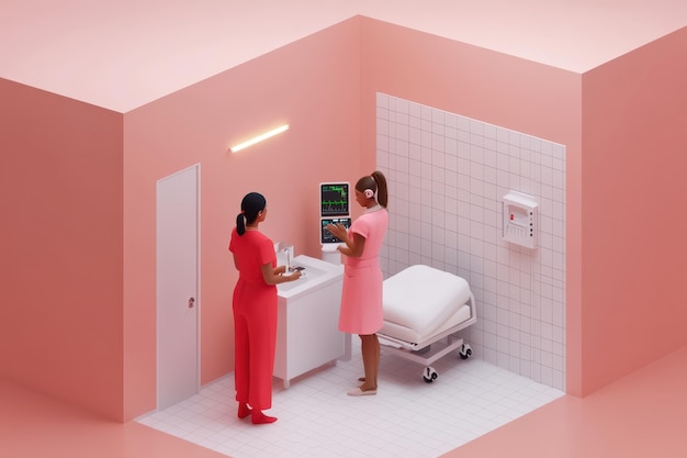 a 3d illustration of a hospital room with two women in red dresses