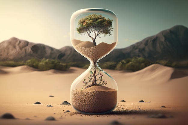 3d illustration hourglass desert , tree concept isolated inside the hourglass