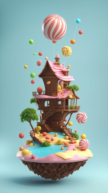 Photo 3d illustration of a house in the form of an island with colorful balloons