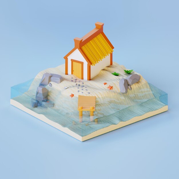 3d illustration house on the sandy shore