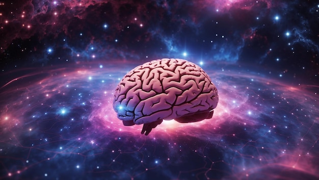 A 3D illustration of a human brain against a starry space background