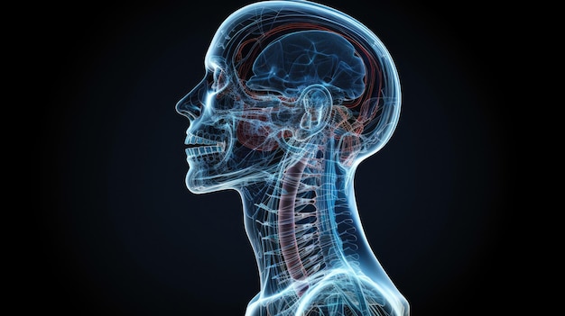 A 3d illustration of a human head with the bones labeled with the lower jaw.