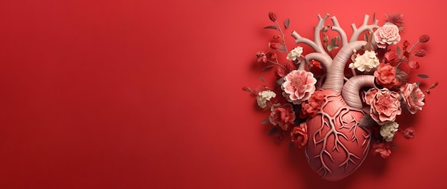 3D Illustration of a human heart adorned with flowers against a vibrant red background