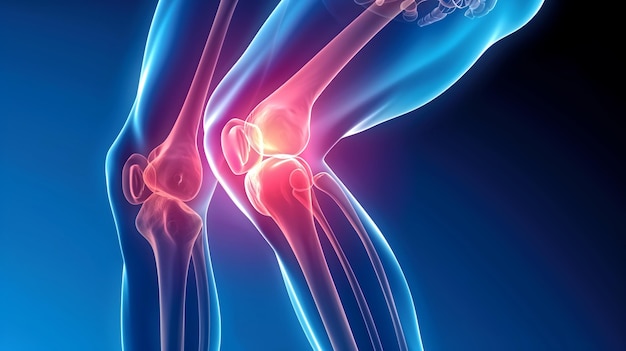 Photo 3d illustration of human knee joint with highlighted pain area on blue background