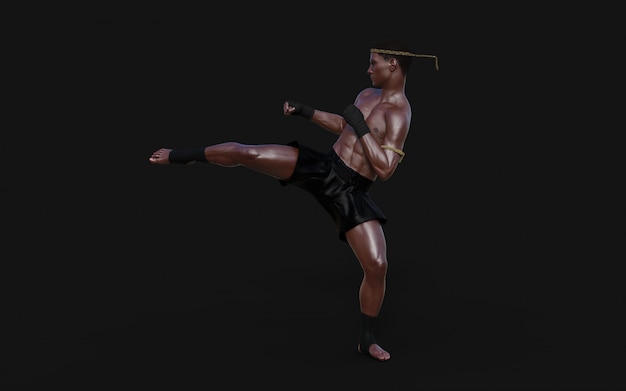 3d Illustration Human Martial Arts Sports Training with Clipping Path, Kick Boxing, Muscle Man in Dark .