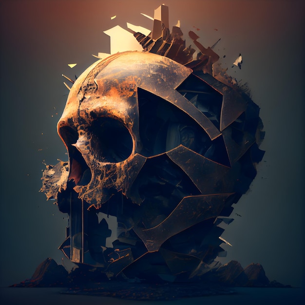 3d illustration of a human skull and abstract geometric shapes over grunge background