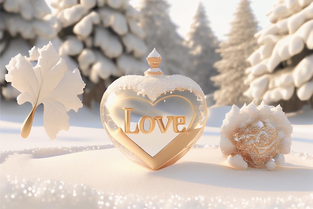 3D illustration of ice heart with LOVE and Christmas tree in winter wonderland setting Great for Valentine's Day or Christmas