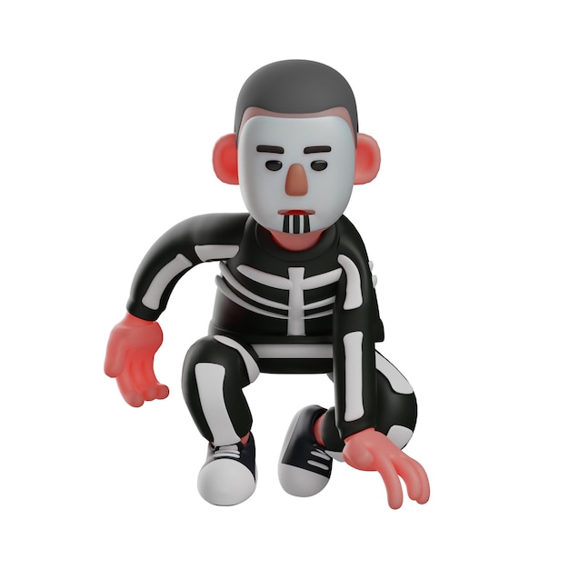 3D illustration Illustration Cartoon character Skeleton Boy 3D starts running crouching pose