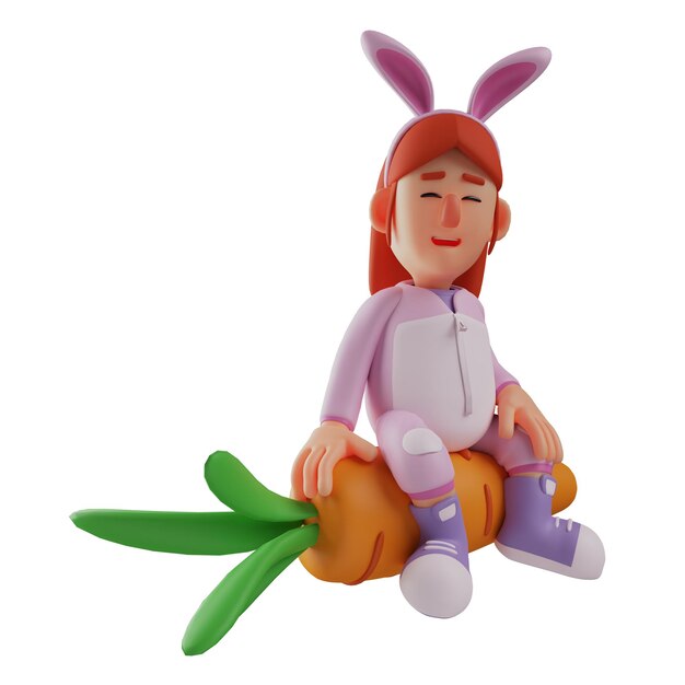 3D illustration Image of 3D Bunny Girl character standing sitting on a carrot wearing cute doll