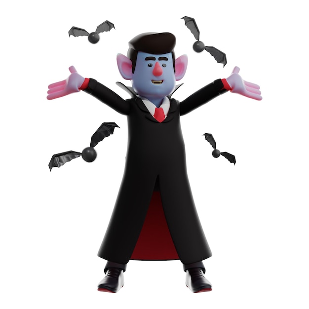 Photo 3d illustration image of 3d dracula vampire character playing with bats both arms extended put