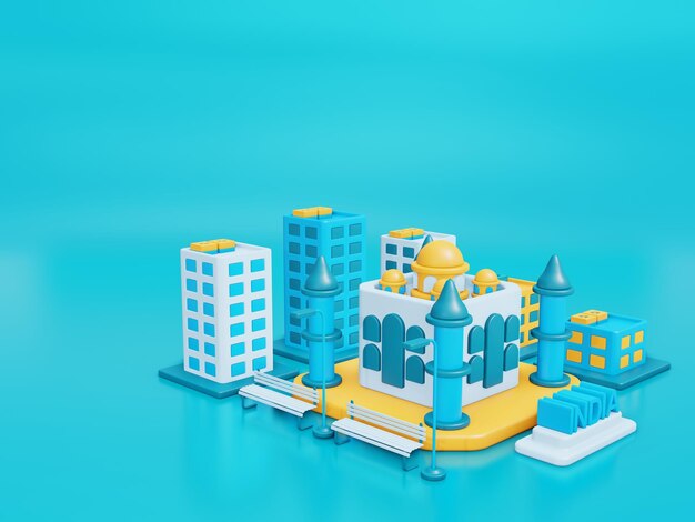 3d illustration India city background with green space area in blue and yellow color