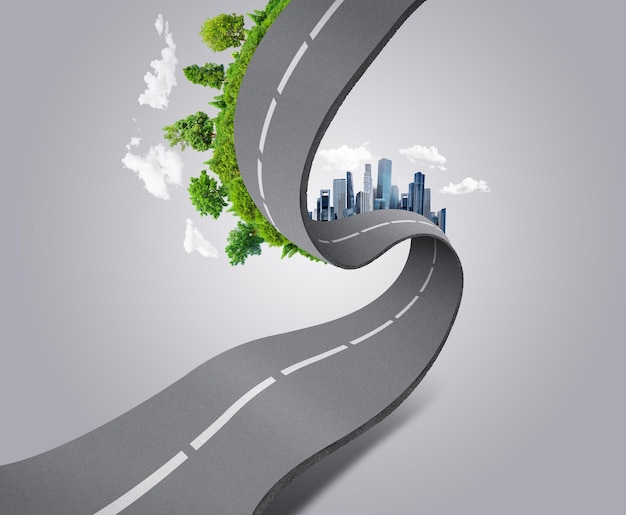 3d illustration of infinity. road with landscape and skyline on background..