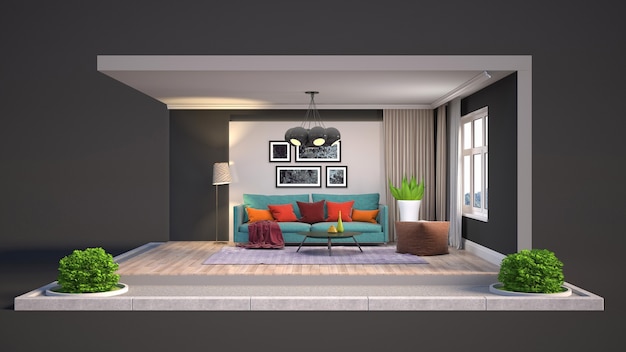 3D illustration interior of the living room in a box