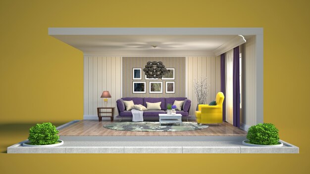 3D illustration interior of the living room in a box