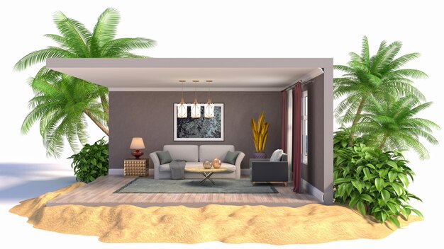 3D illustration interior of the living room in a box