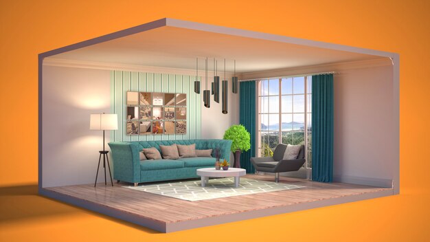 3D illustration interior of the living room in a box