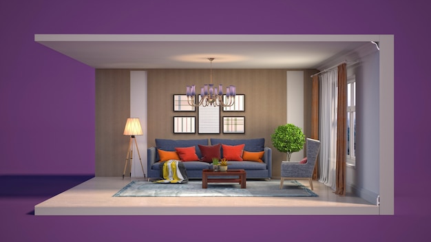 3D illustration interior of the living room in a box