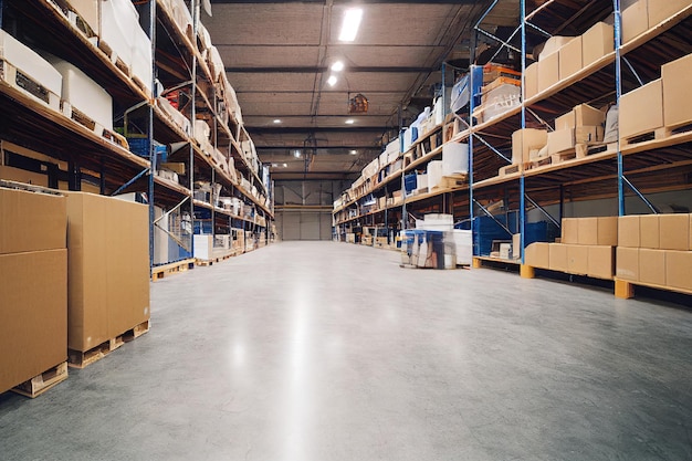 3d illustration of Interior of modern warehouse storage full of boxes